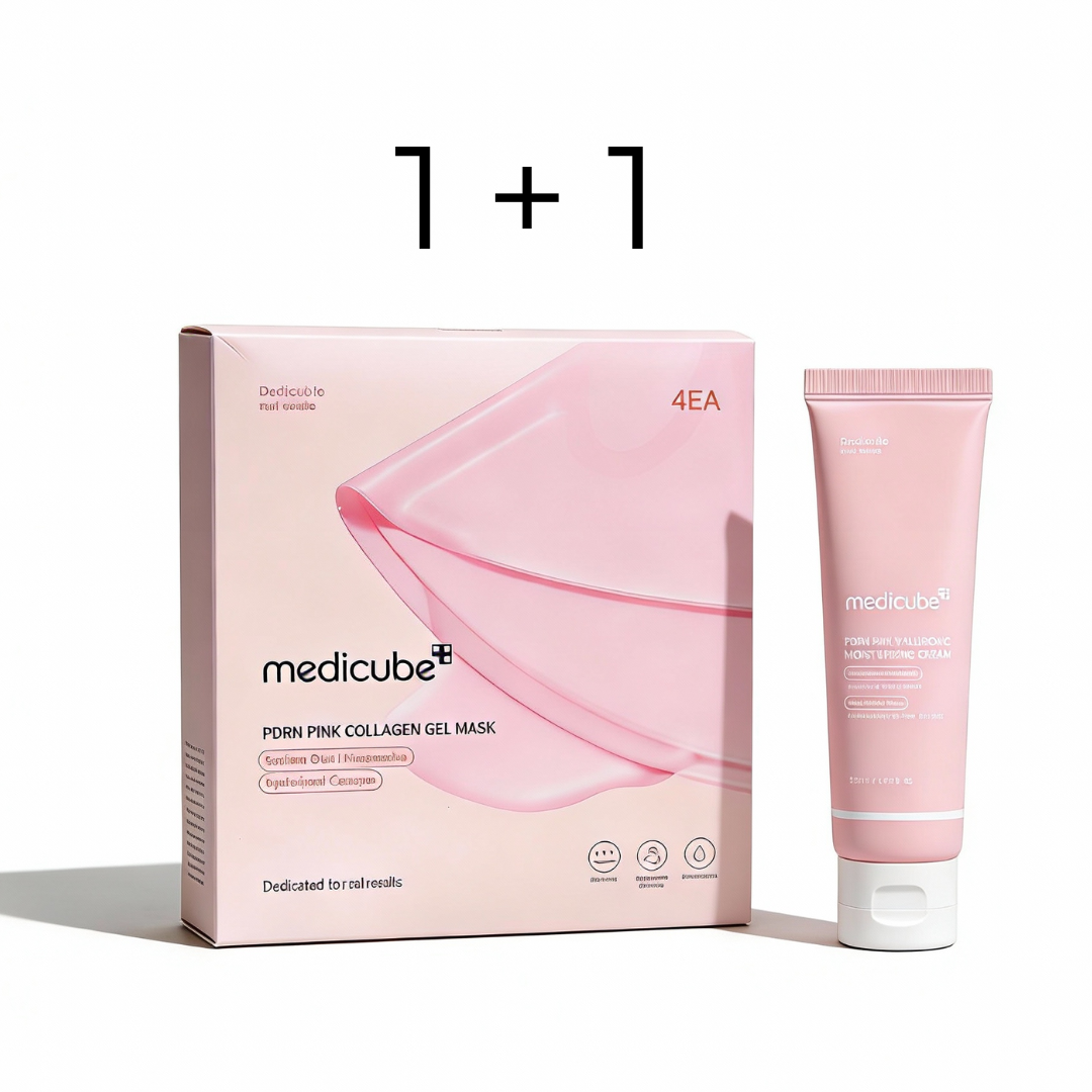 Medicube pasiūlymas:  PDRN Pink Collagen Gel Mask - veido kaukė 4 vnt + PDRN Pink Hyaluronic Moisturizing Cream veido kremas