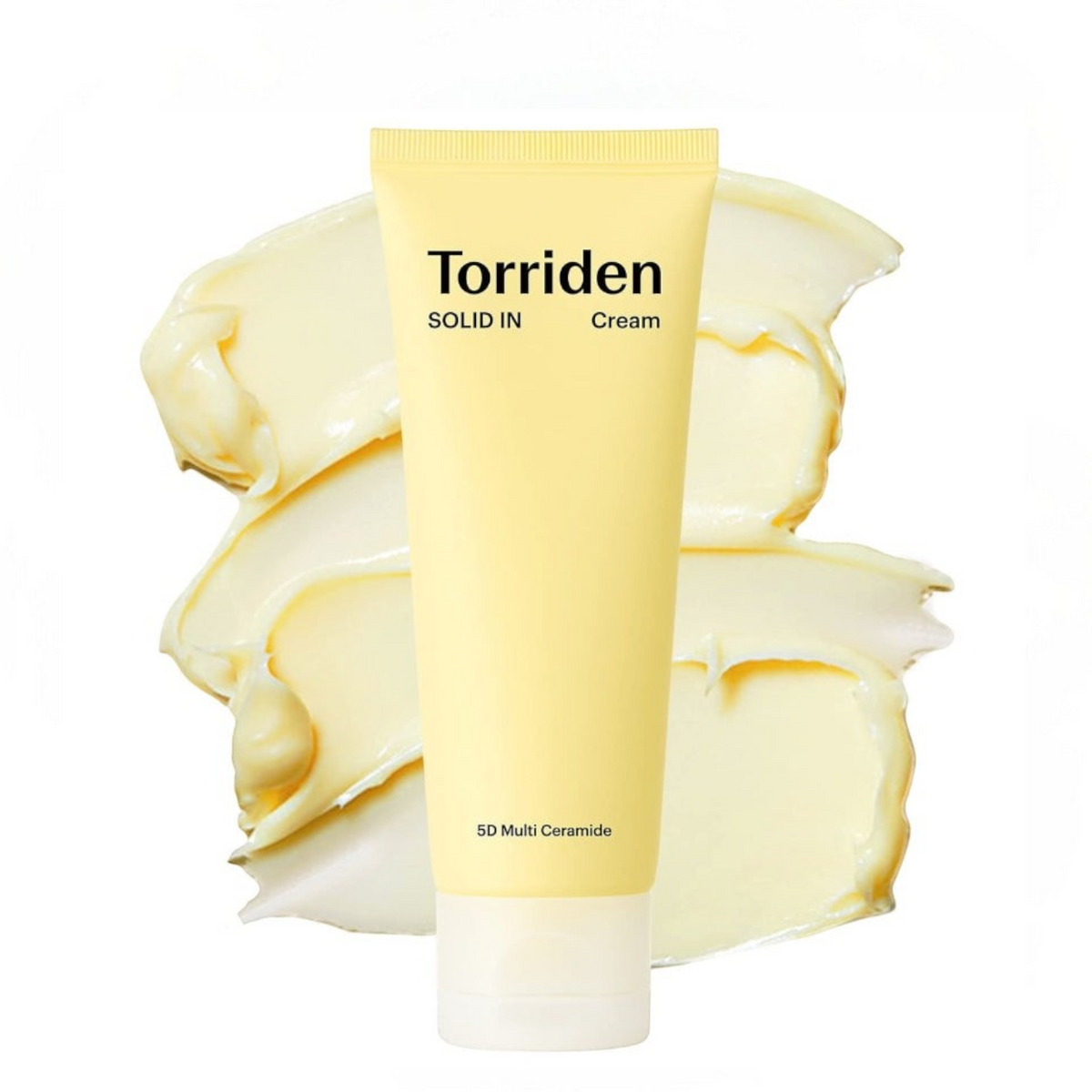 bareskin.lt Torriden Solid-In Ceramide Cream in a yellow tube with rich cream texture swatches on a white background