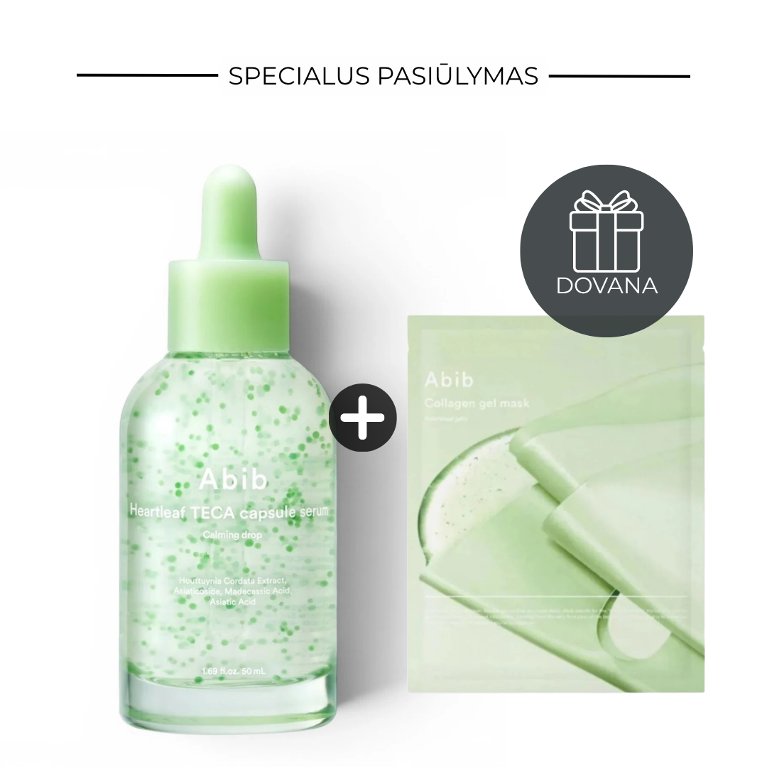 Specialus pasiūlymas: Abib Heartleaf TECA capsule Calming drop serumas + veido kaukė su kolagenu (DOVANA)