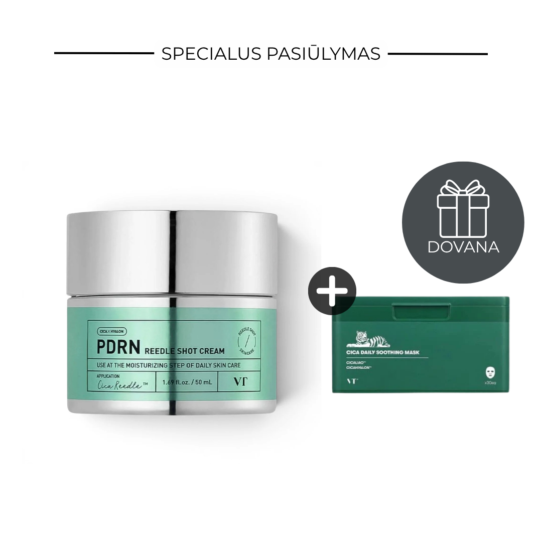 1+1 pasiūlymas: VT Cosmetics PDRN Reedle Shot veido kremas + Cica Daily Soothing veido kaukės (DOVANA)