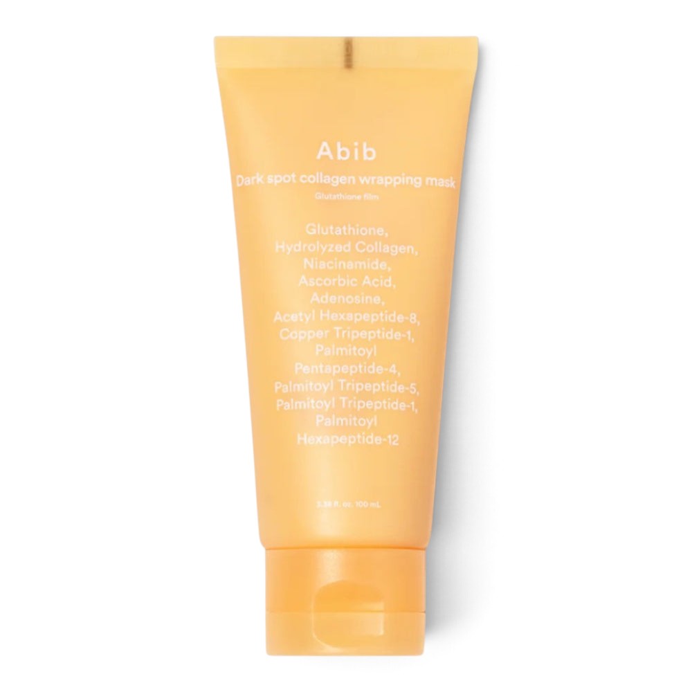 Abib Dark Spot Collagen Wrapping Mask by bareskin.lt in a yellow tube featuring glutathione and collagen ingredients