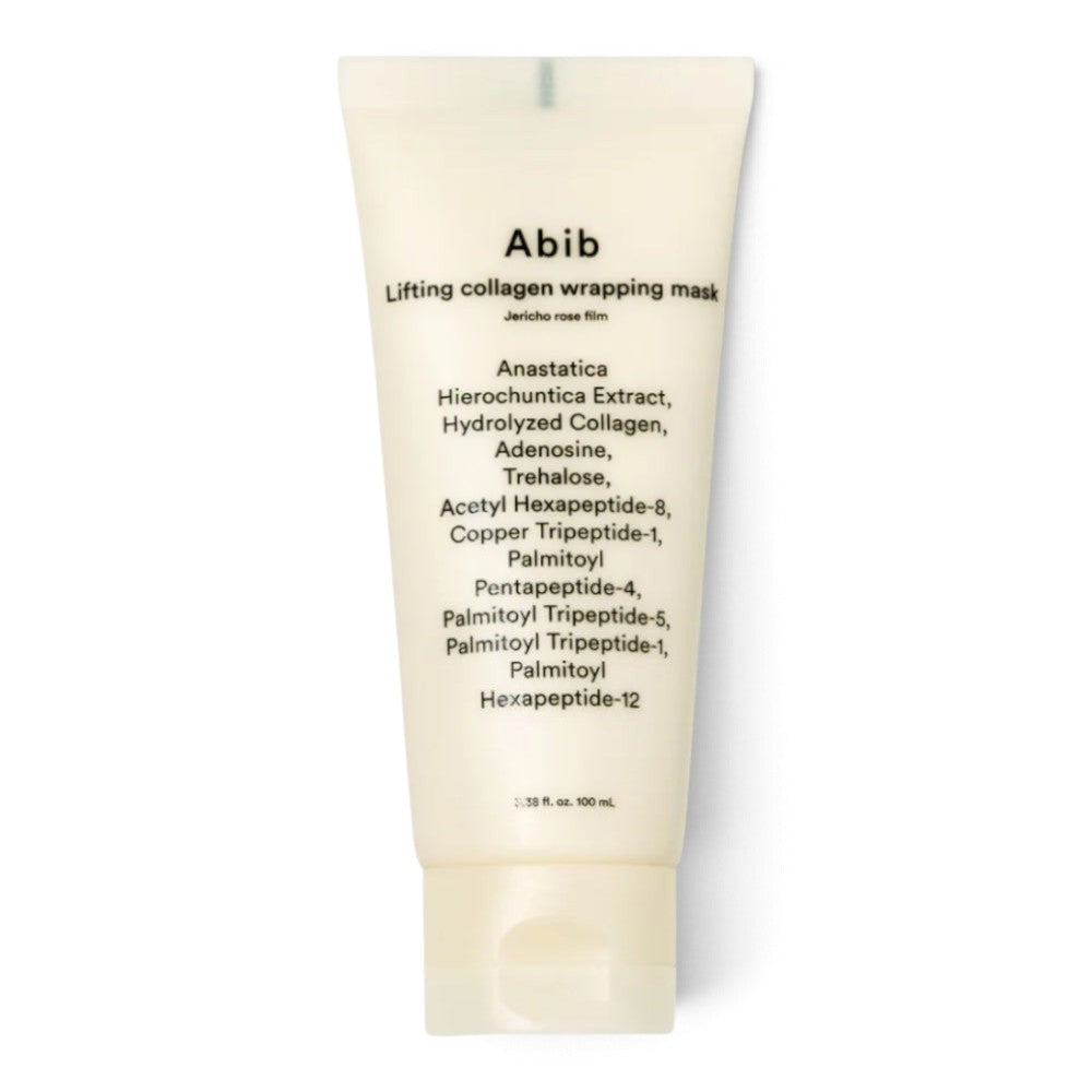 bareskin.lt Abib Lifting Collagen Wrapping Mask in a cream-colored tube with peptide and collagen ingredients listed.