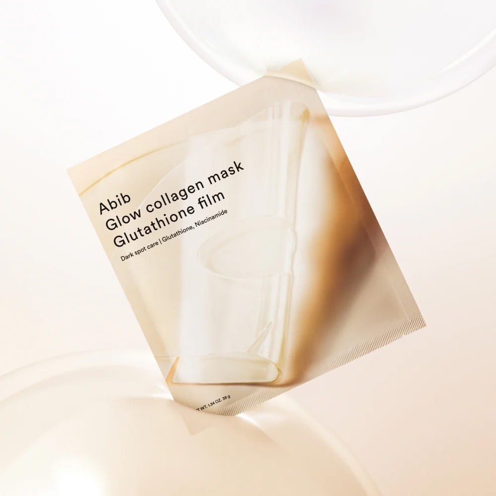 bareskin.lt Abib Glow Collagen Mask Glutathione Film for dark spot care in a beige and white minimalist package