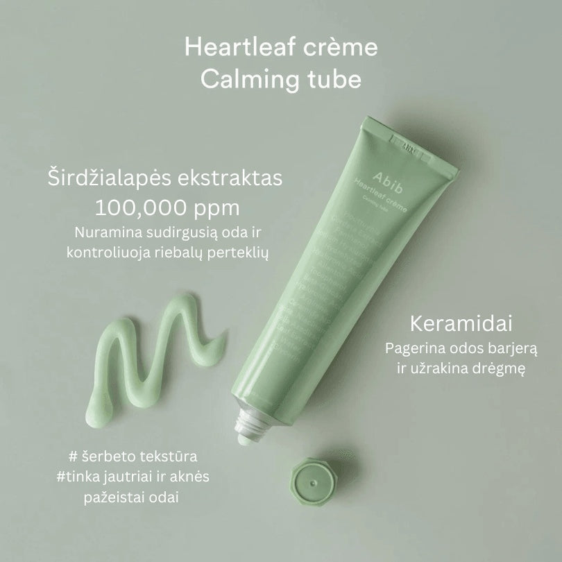 bareskin.lt Abib Heartleaf Crème Calming Tube raminantis kremas, kuris skirtas jautriai ir sudirgusiai odai