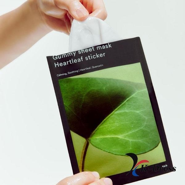 bareskin.lt Abib Gummy Sheet Mask Heartleaf Sticker being opened to reveal the soothing facial sheet mask inside