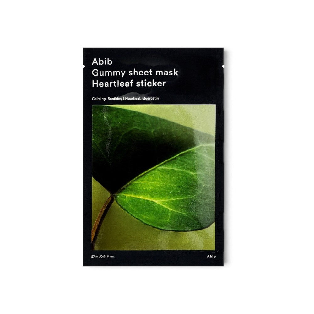 bareskin.lt Abib Gummy Sheet Mask Heartleaf Sticker lakštinė veido kaukė, praturtinta veiksmingais augaliniais ekstraktais ir drėkinančiais ingredientais, ramina, drėkina ir atkuria odą