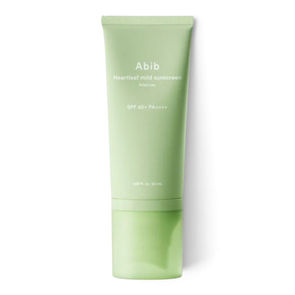 bareskin.lt Abib Heartleaf Mild Sunscreen SPF 50+ PA++++ in a light green tube for soothing and sun protection
