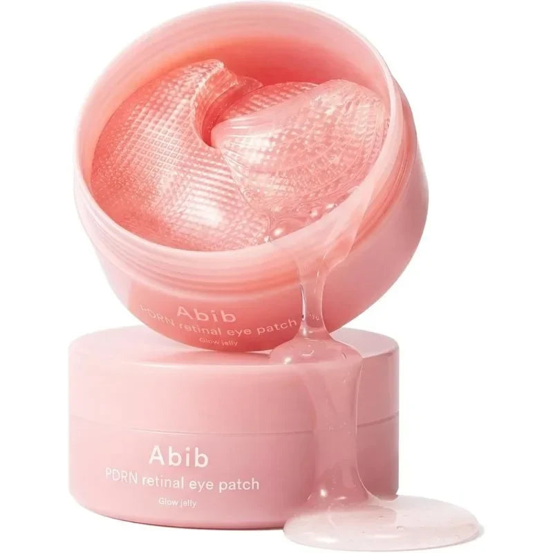 bareskin.lt Abib PDRN Retinal Eye Patch Glow Jelly hydrogel patches in a pink jar with serum dripping down
