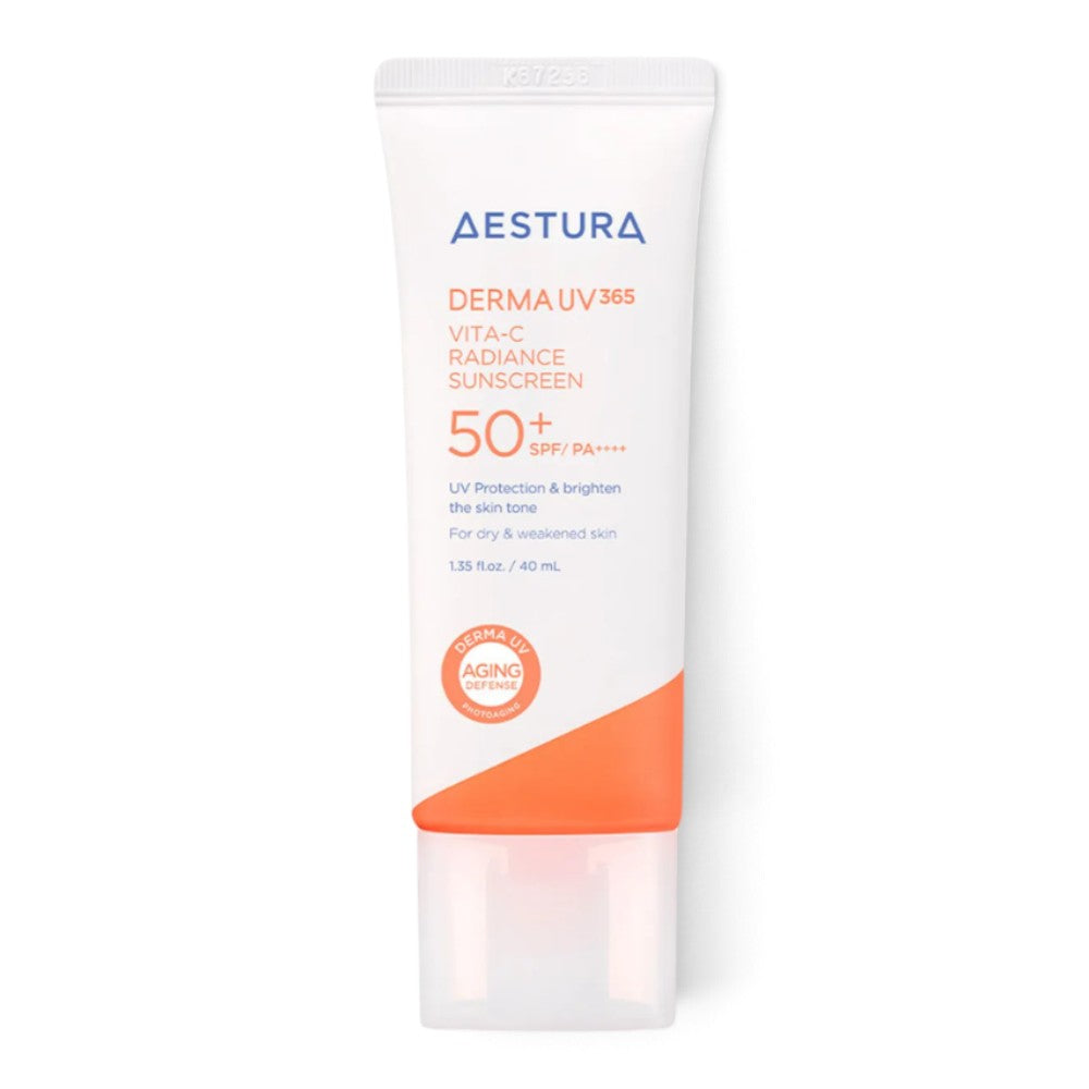 bareskin.lt AESTURA Derma UV365 Vita-C Radiance Sunscreen SPF50+ PA++++  aukštos apsaugos priemonė nuo saulės, sujungianti plataus spektro UVA ir UVB apsaugą su skaistinančia bei odos barjerą puoselėjančia priežiūra