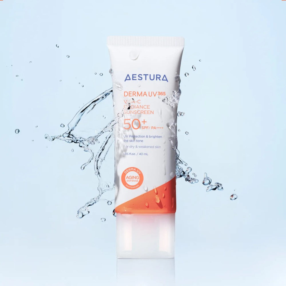 bareskin.lt AESTURA Derma UV365 Vita-C Radiance Sunscreen SPF50+ PA++++  aukštos apsaugos priemonė nuo saulės, sujungianti plataus spektro UVA ir UVB apsaugą su skaistinančia bei odos barjerą puoselėjančia priežiūra