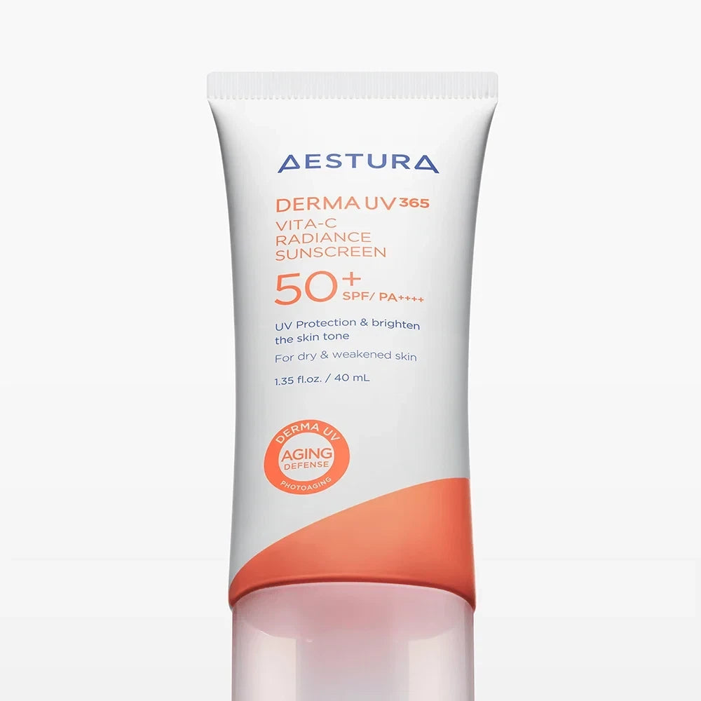 bareskin.lt AESTURA Derma UV365 Vita-C Radiance Sunscreen SPF50+ PA++++  aukštos apsaugos priemonė nuo saulės, sujungianti plataus spektro UVA ir UVB apsaugą su skaistinančia bei odos barjerą puoselėjančia priežiūra