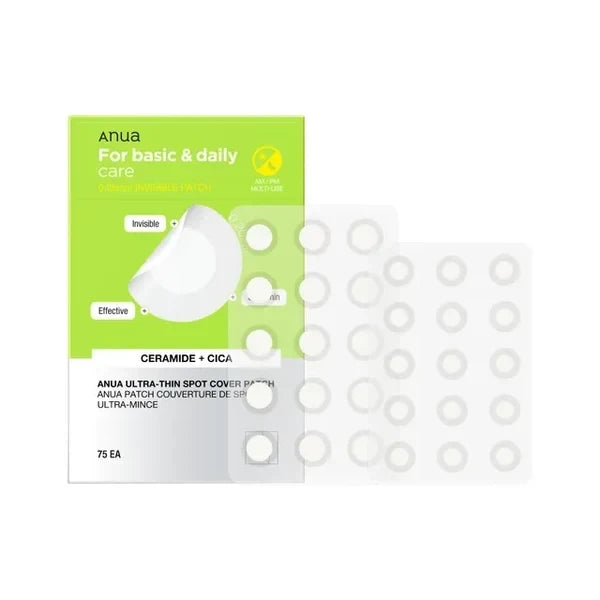 bareskin.lt Anua Ultra-Thin Spot Cover Patch ploni, beveik nepastebimi spuogų pleistrai, kurie padeda apsaugoti pažeistą odą ir pagreitinti jos gijimą. Sudėtyje esantys Centella Asiatica ekstraktas, alavijas ir madekasosidas ramina sudirgimus bei mažina paraudimą