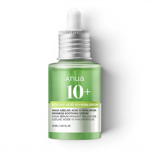 Anua Azelaic Acid 10 Hyaluron Redness Soothing Serum in a green bottle from bareskin.lt for acne and skin redness.