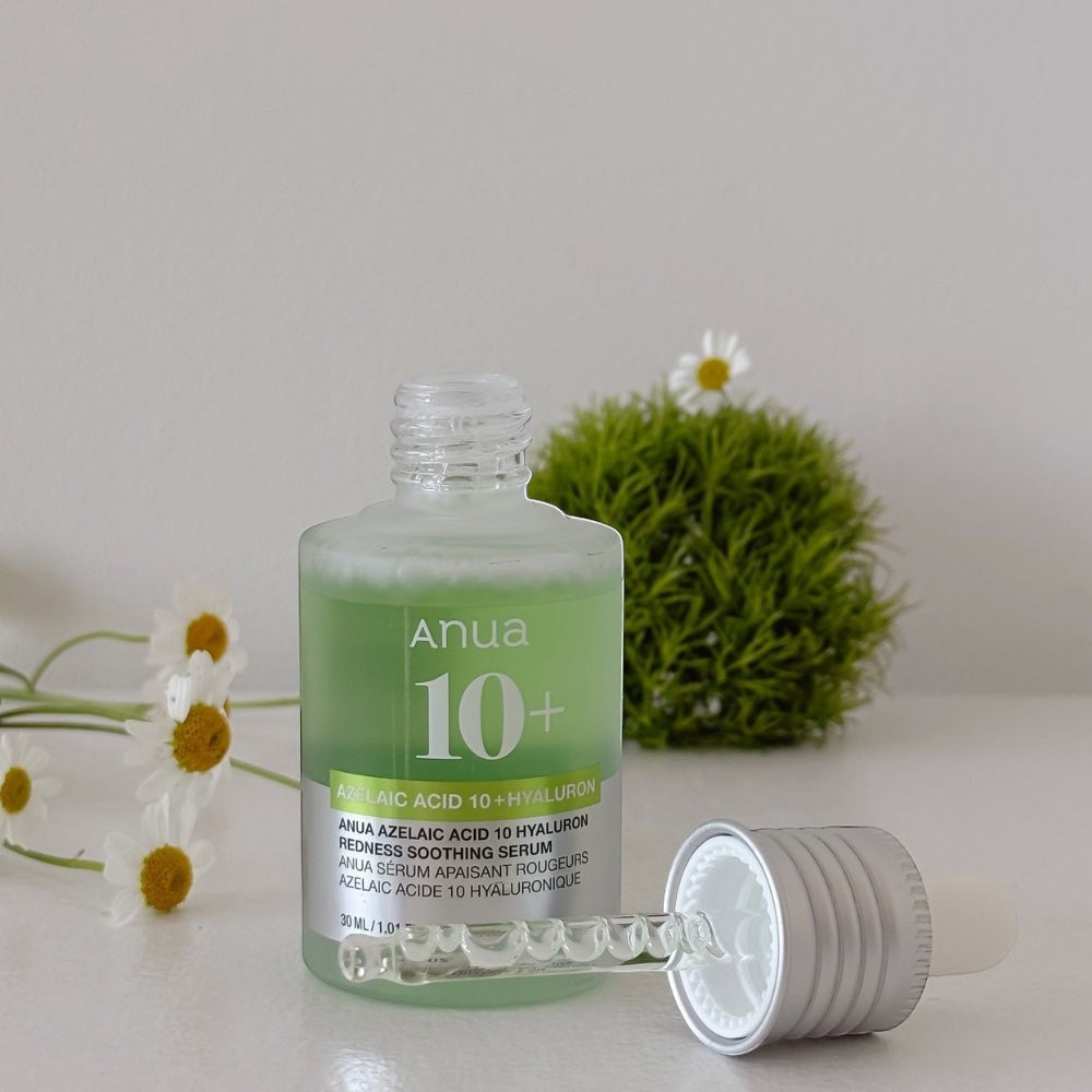 bareskin.lt Anua Azelaic Acid 10 Hyaluron Redness Soothing Serum serumas sukurtas odos problemoms, tokioms kaip rožinė (rosacea), aknė, netolygi tekstūra ir pigmentacija, spręsti, azelaino rūgštis padeda mažinti paraudimą