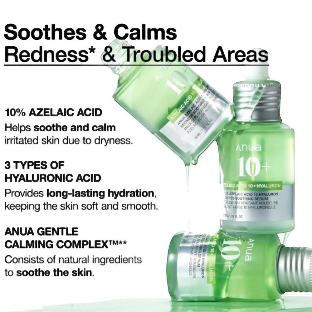 bareskin.lt Anua Azelaic Acid 10 Hyaluron Redness Soothing Serum serumas sukurtas odos problemoms, tokioms kaip rožinė (rosacea), aknė, netolygi tekstūra ir pigmentacija, spręsti, azelaino rūgštis padeda mažinti paraudimą
