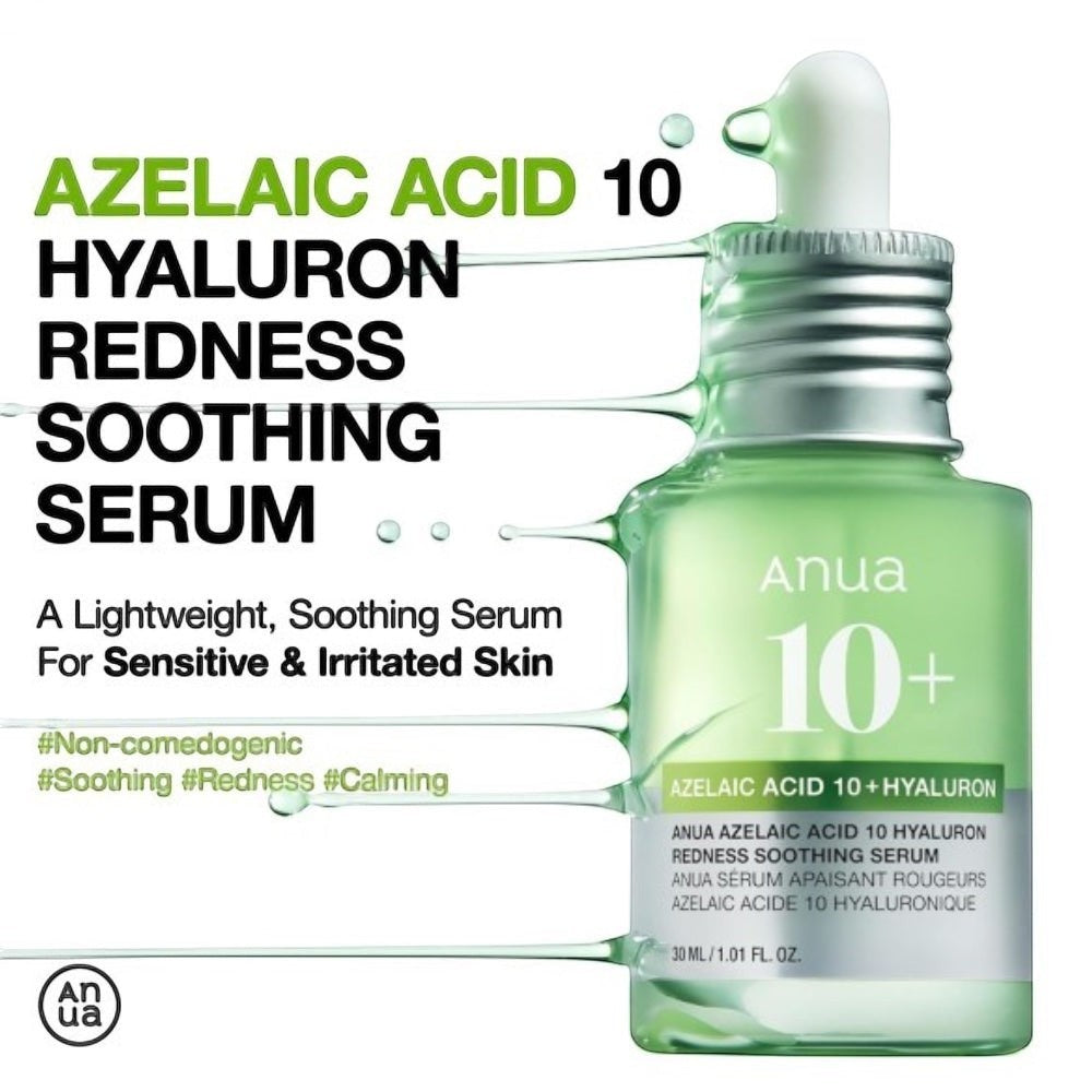 bareskin.lt Anua Azelaic Acid 10 Hyaluron Redness Soothing Serum serumas sukurtas odos problemoms, tokioms kaip rožinė (rosacea), aknė, netolygi tekstūra ir pigmentacija, spręsti, azelaino rūgštis padeda mažinti paraudimą
