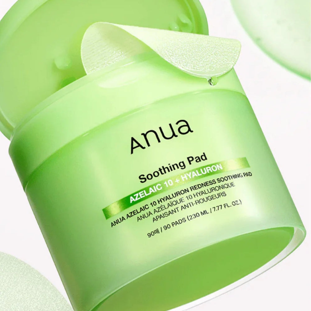 bareskin.lt Anua Azelaic Acid 10 Hyaluron soothing toner pads raminantys toniko padeliai su 10 % azelaino rūgštimi, skirti kasdienei odos priežiūrai esant paraudimui, spuogeliams ar nelygiam odos paviršiui