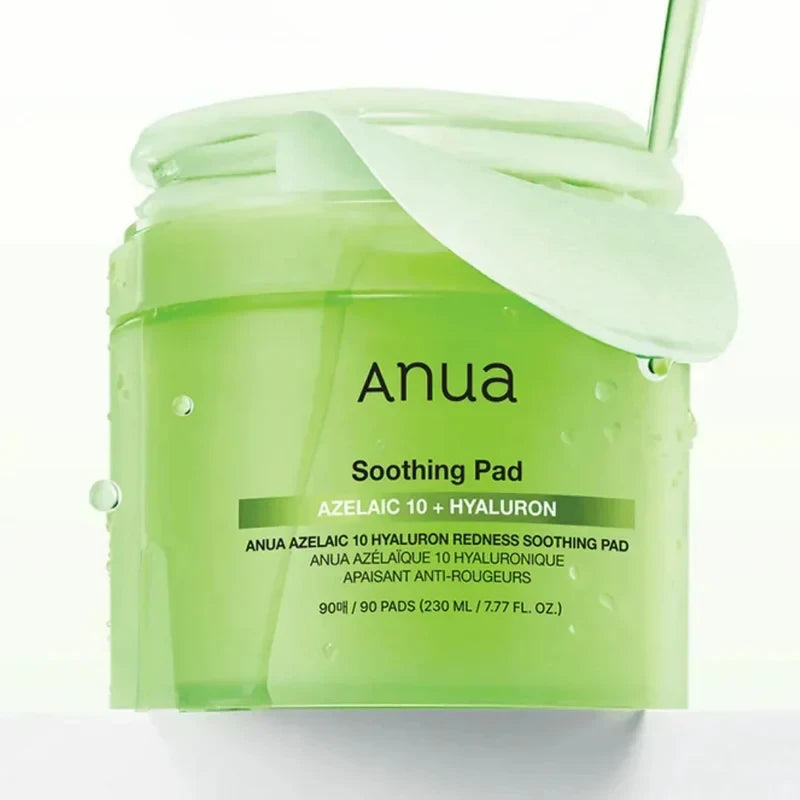 bareskin.lt Anua Azelaic Acid 10 Hyaluron soothing toner pads raminantys toniko padeliai su 10 % azelaino rūgštimi, skirti kasdienei odos priežiūrai esant paraudimui, spuogeliams ar nelygiam odos paviršiui
