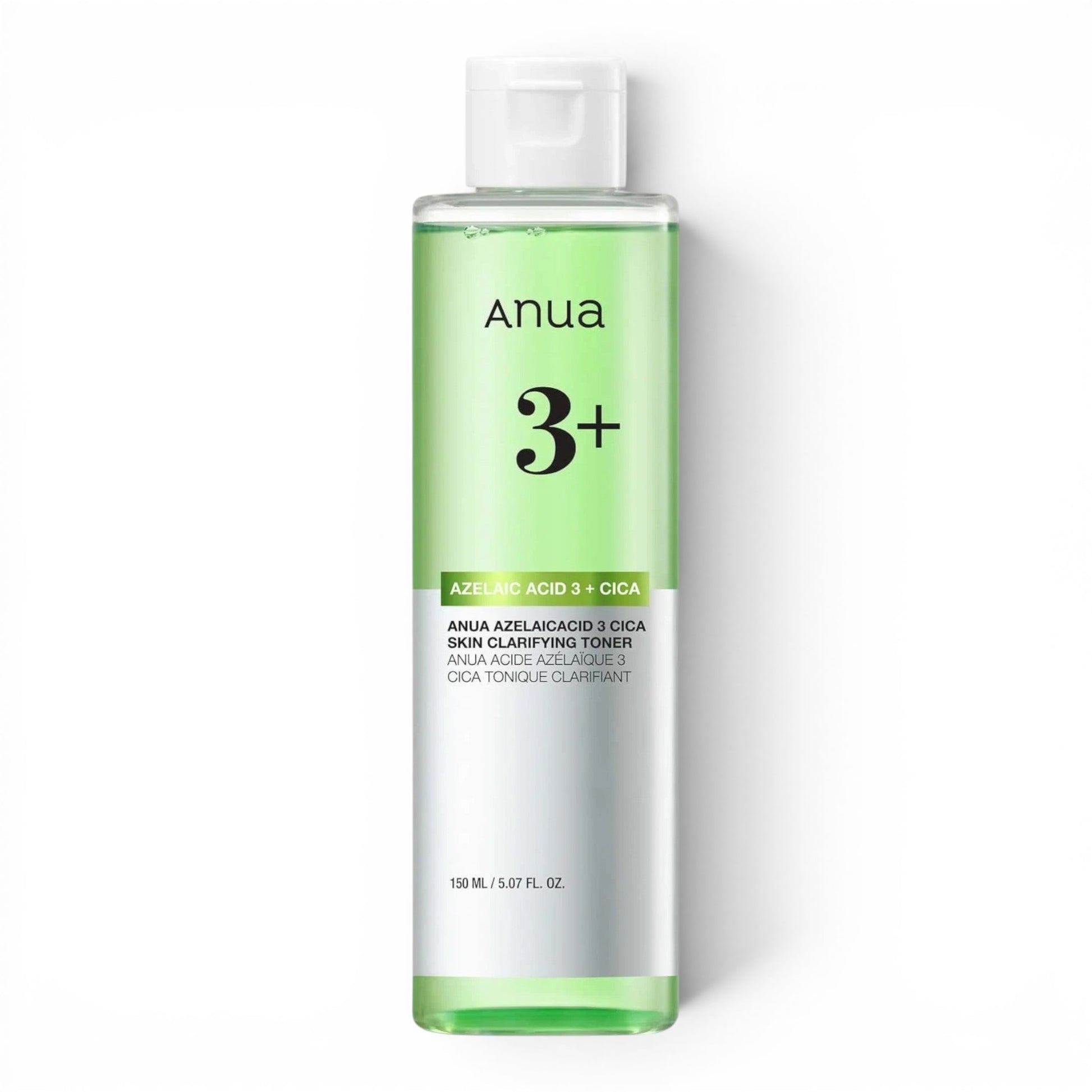 Anua Azelaic 3 Cica Skin Clarifying Toner from bareskin.lt in a clear bottle with green liquid for acne-prone skin.