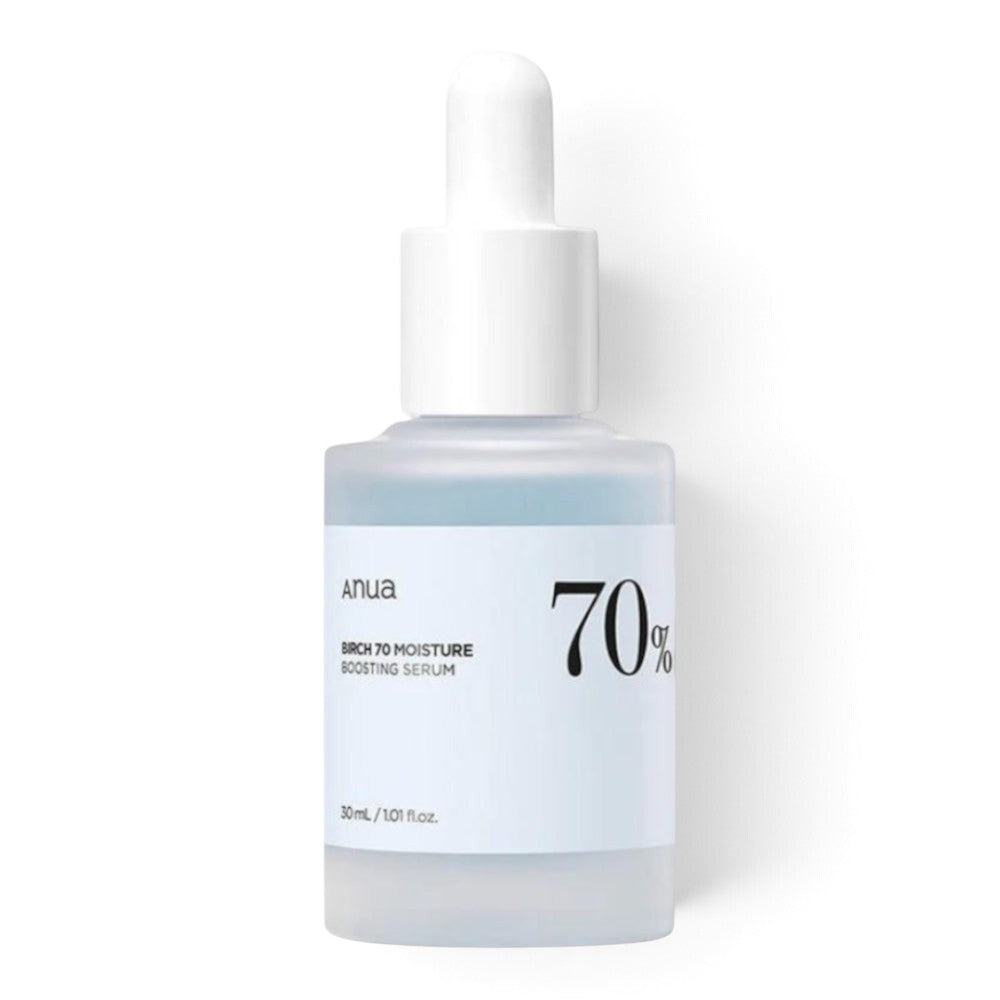 Anua Birch 70% Moisture Boosting Serum in a frosted glass bottle from bareskin.lt for deep skin hydration.