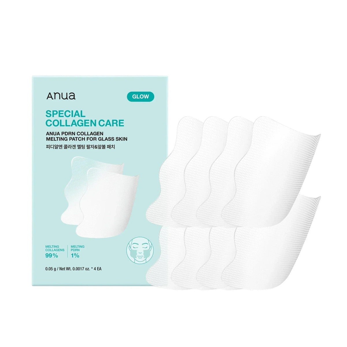 bareskin.lt Anua PDRN Collagen Melting Patches for glass skin, featuring white dissolving facial treatment sheets.