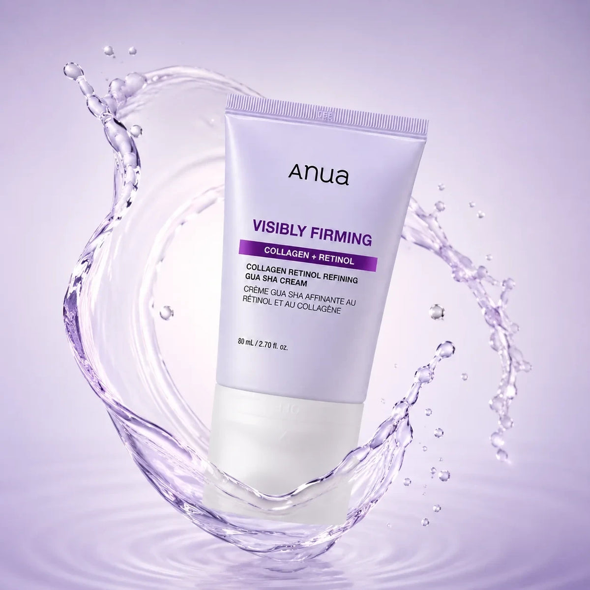 bareskin.lt Anua Visibly Firming Collagen Retinol Gua Sha cream in a white tube surrounded by a purple water splash.
