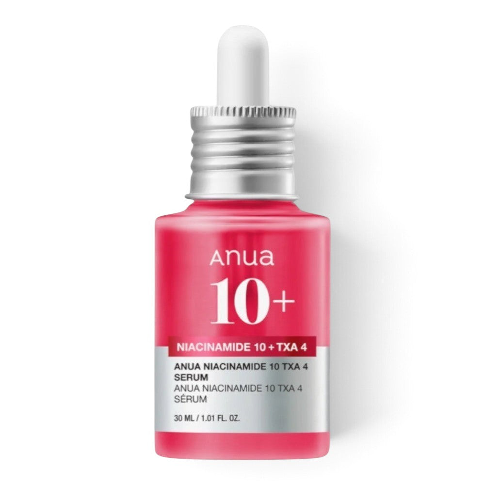 bareskin.lt Anua Niacinamide 10% + TXA 4% dark spot correcting serum in a pink glass bottle with a dropper cap