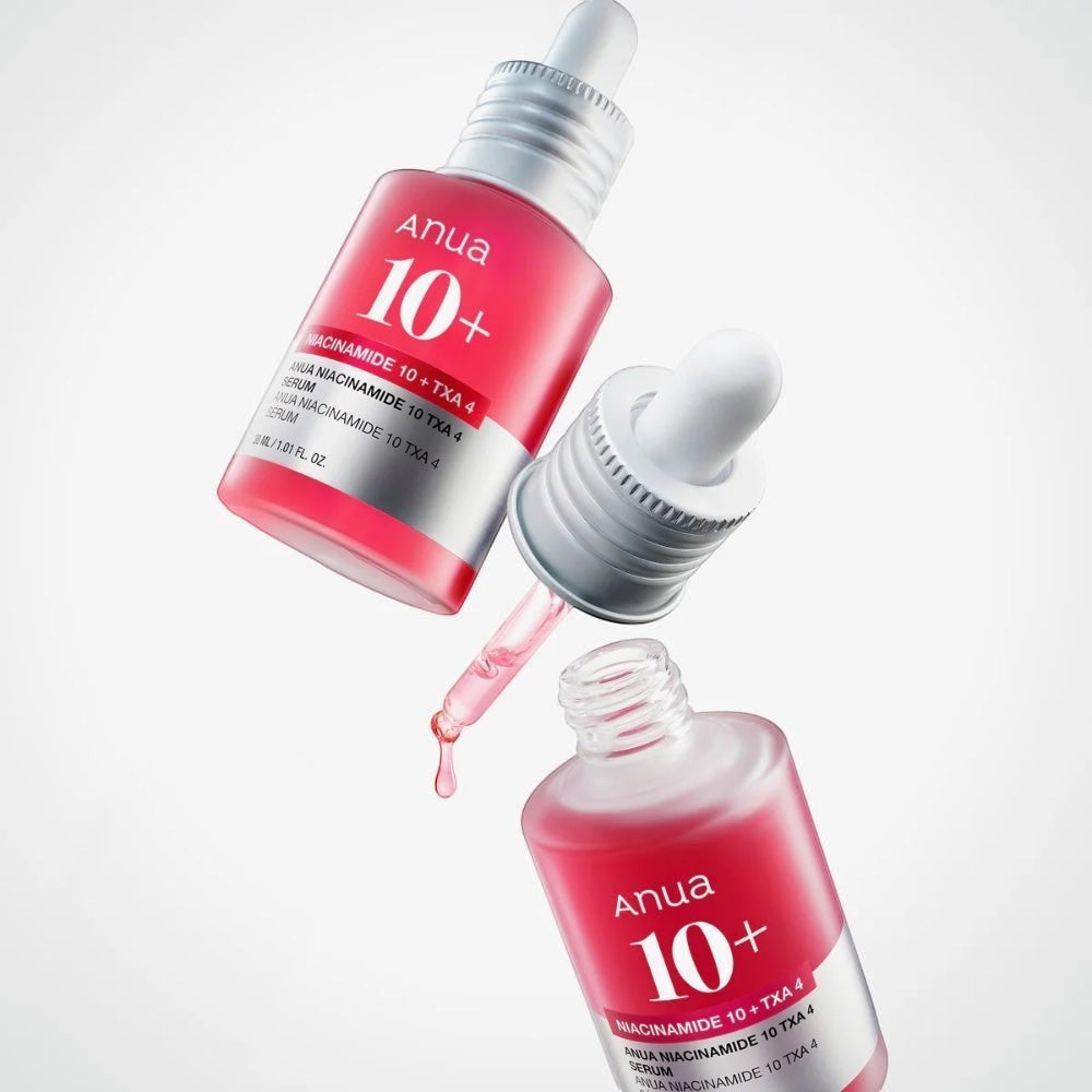 bareskin.lt Anua Niacinamide 10% + TXA 4% dark spot correcting serum veido serumas suformuluotas su niacinamidu 10% ir traneksamo rūgštimi 4%, serumas šviesina pigmentaciją ir tamsias dėmes paliktas po bėrimų