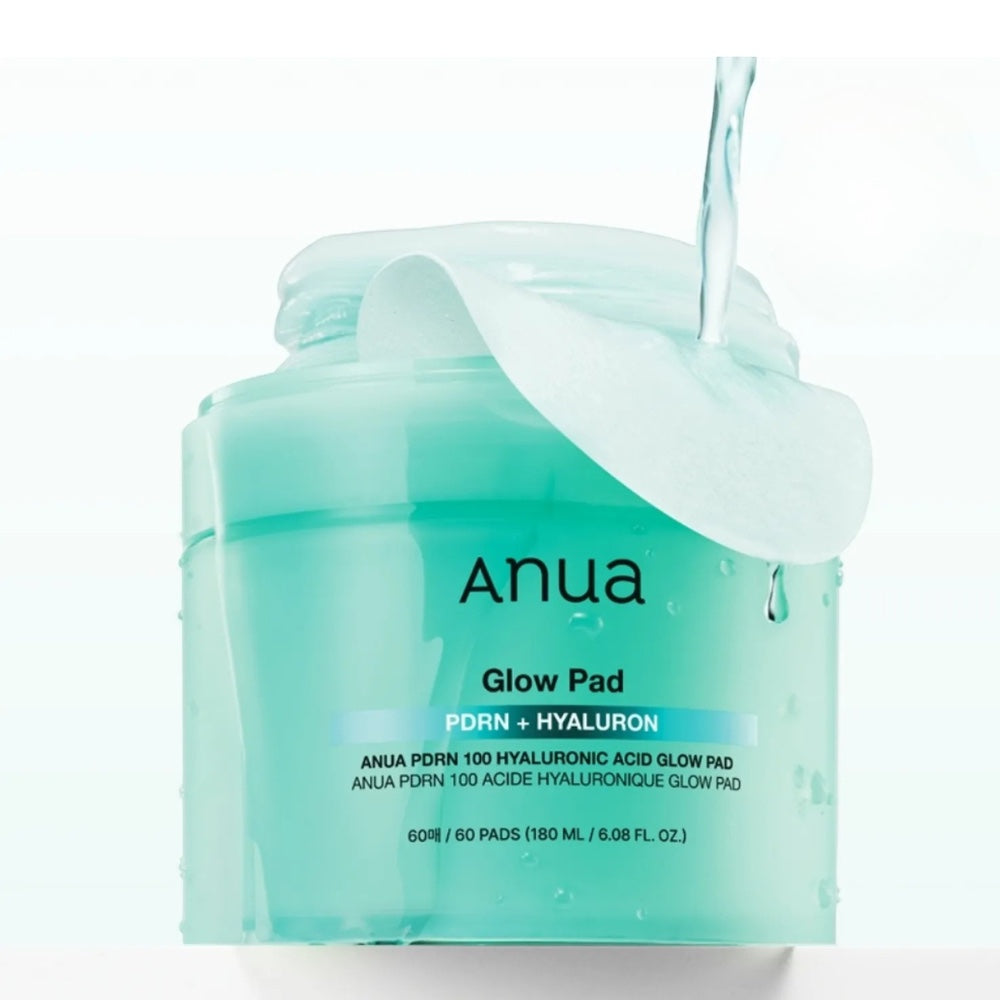 bareskin.lt Anua PDRN Hyaluronic Glow Pad toner pads drėkinantys toniko padeliai su PDRN ir trimis hialurono rūgšties formomis padeda palaikyti odos drėgmės balansą, švytėjimą ir elastingumą