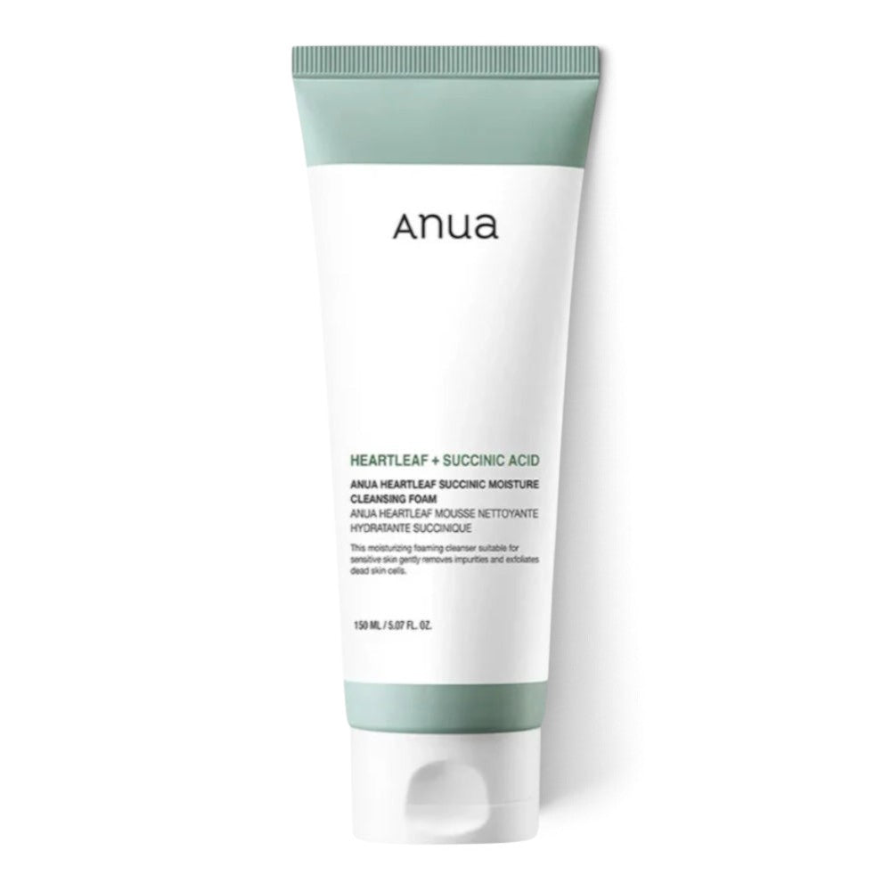 bareskin.lt Anua Heartleaf Succinic Moisture Cleansing Foam in a white and sage green squeeze tube