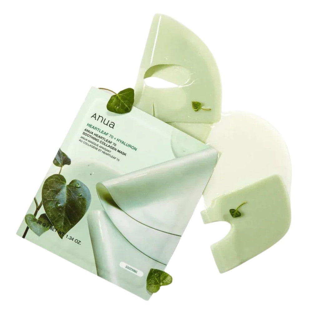 bareskin.lt Anua Heartleaf 70 Soothing Collagen sheet mask drėkinamoji veido kaukė su 2000 ppm kolageno ekstraktu intensyviai drėkina, suteikia odai glotnumo ir stangrumo