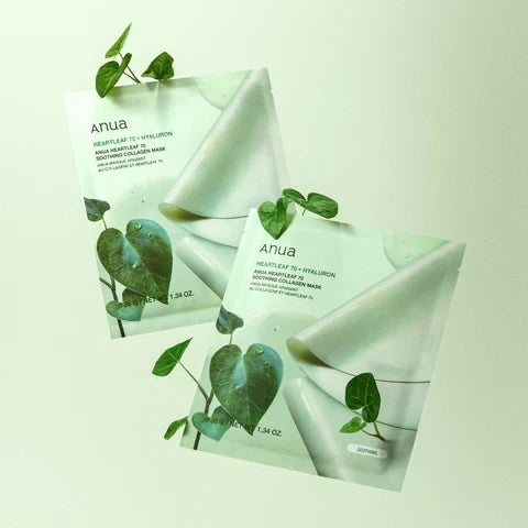 bareskin.lt Anua Heartleaf 70 Soothing Collagen sheet mask drėkinamoji veido kaukė su 2000 ppm kolageno ekstraktu intensyviai drėkina, suteikia odai glotnumo ir stangrumo