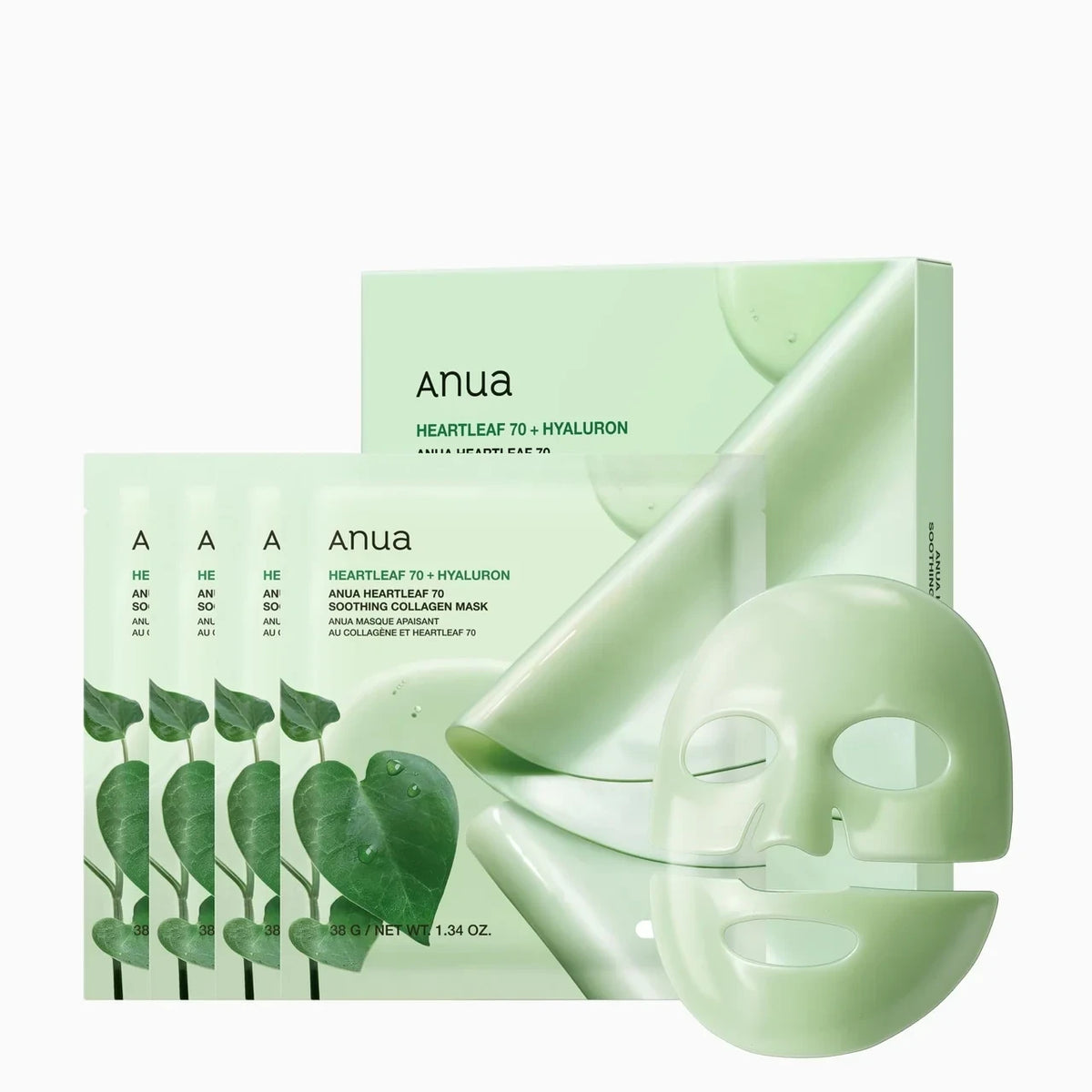 bareskin.lt Anua Heartleaf 70 Soothing Collagen sheet mask drėkinamoji veido kaukė su 2000 ppm kolageno ekstraktu intensyviai drėkina, suteikia odai glotnumo ir stangrumo