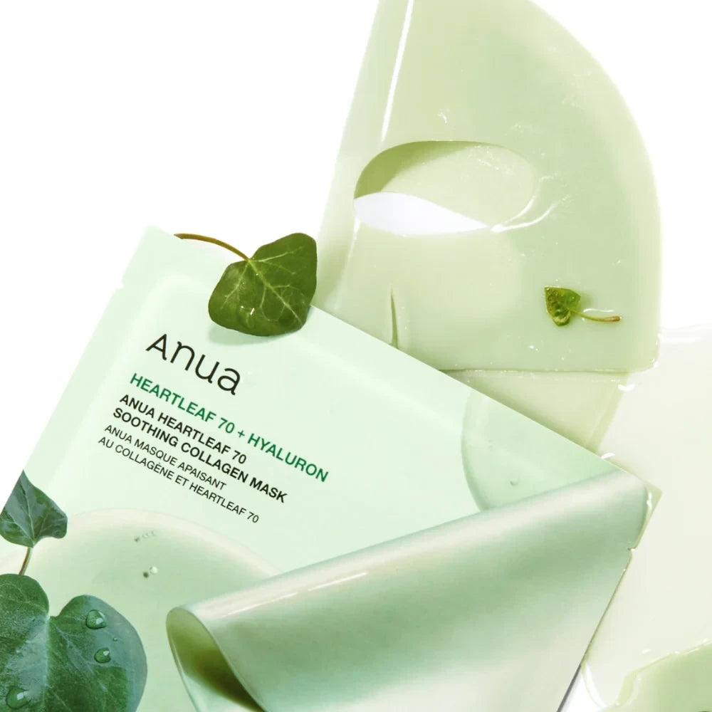 bareskin.lt Anua Heartleaf 70 Soothing Collagen sheet mask drėkinamoji veido kaukė su 2000 ppm kolageno ekstraktu intensyviai drėkina, suteikia odai glotnumo ir stangrumo