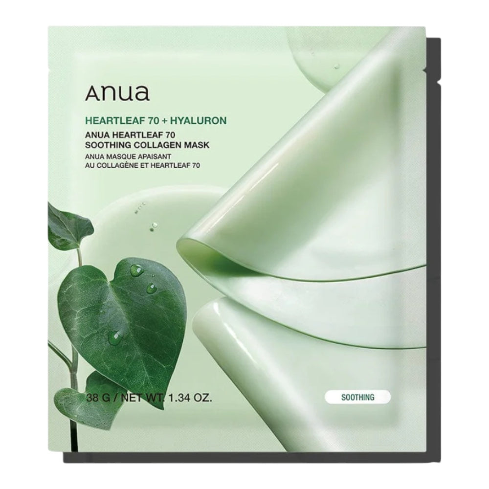 bareskin.lt Anua Heartleaf 70 Soothing Collagen sheet mask drėkinamoji veido kaukė su 2000 ppm kolageno ekstraktu intensyviai drėkina, suteikia odai glotnumo ir stangrumo