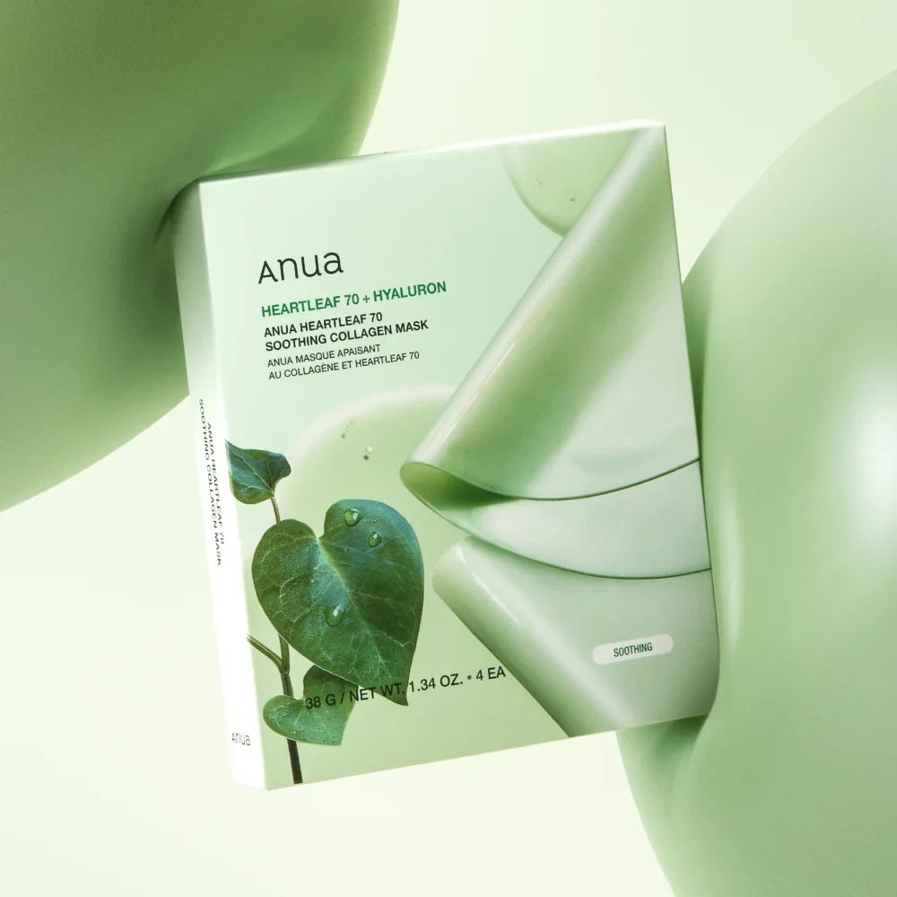 bareskin.lt Anua Heartleaf 70 Soothing Collagen sheet mask drėkinamoji veido kaukė su 2000 ppm kolageno ekstraktu intensyviai drėkina, suteikia odai glotnumo ir stangrumo