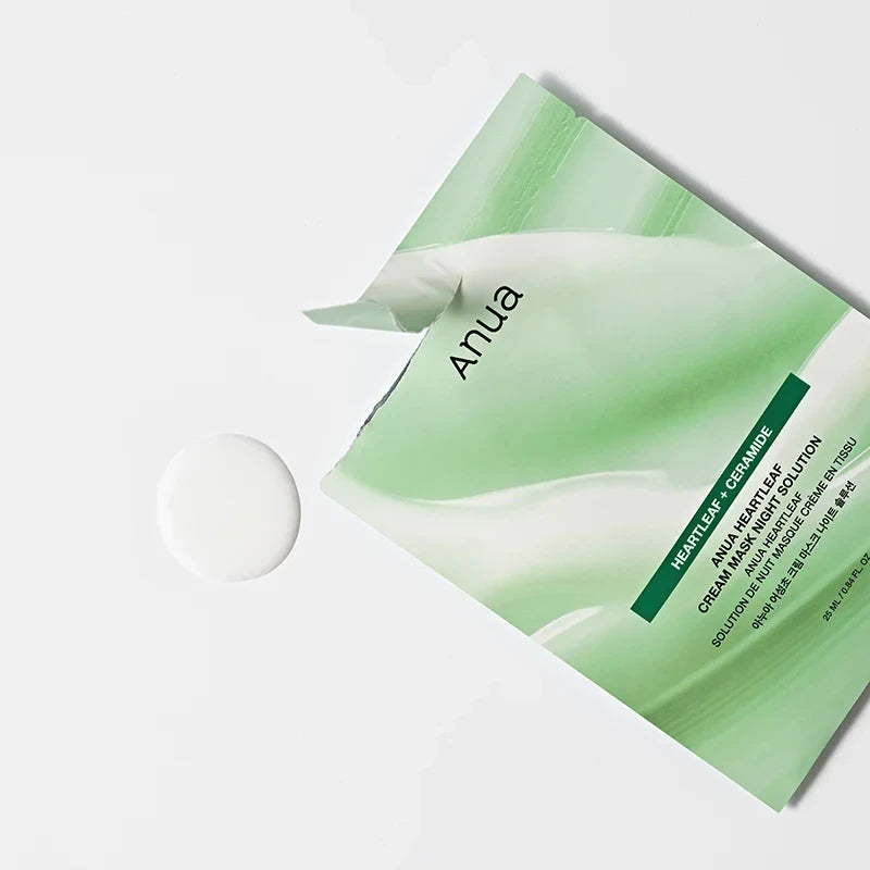 bareskin.lt Anua Heartleaf Cream Mask Night Solution sheet mask lakštinė kaukė su širdžialapės (Houttuynia Cordata) ekstraktu ramina sudirgusią ir jautrią odą, padeda sumažinti diskomfortą ir palaikyti sveiką odos būklę