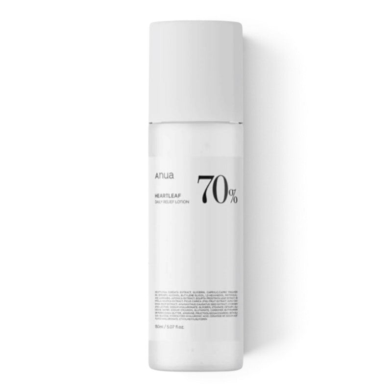 Anua Heartleaf 70 Daily Lotion by bareskin.lt in a white pump bottle for soothing sensitive skin.