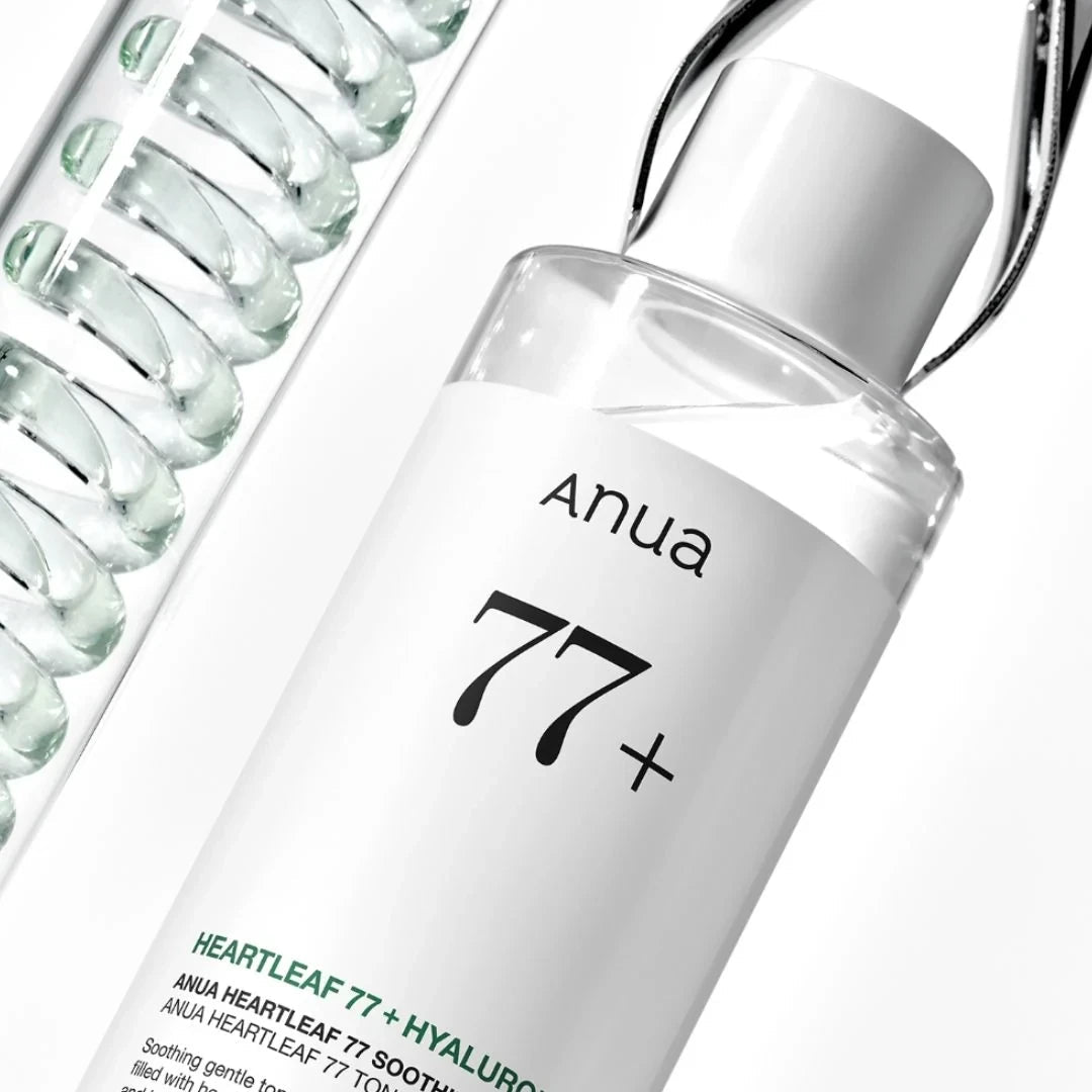 bareskin.lt Anua Heartleaf 77% soothing toner in a clear bottle with minimalist white label and spiral glass detail