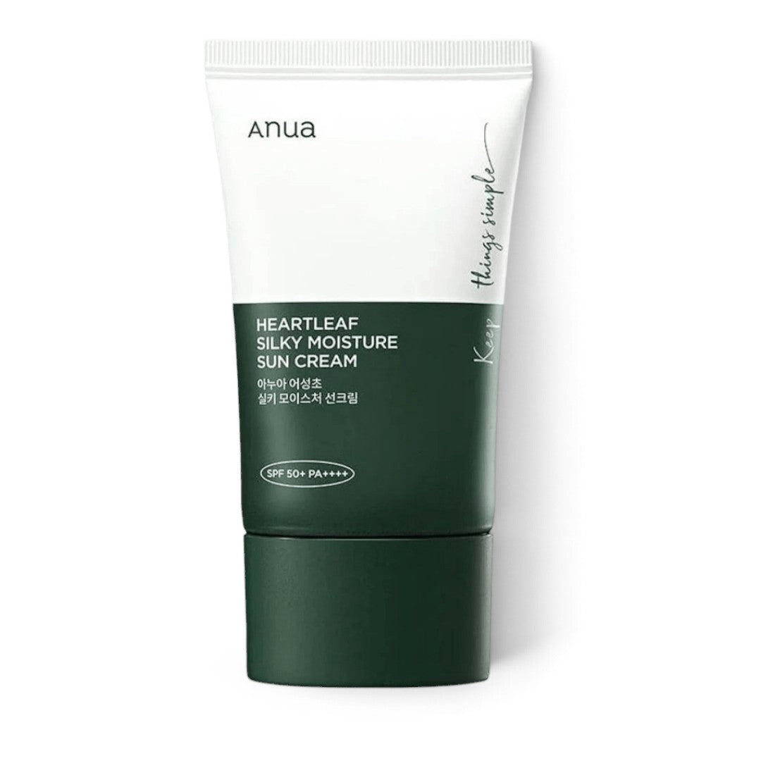 Anua Heartleaf Silky Moisture Sun Cream SPF 50+ in a white and dark green tube from bareskin.lt