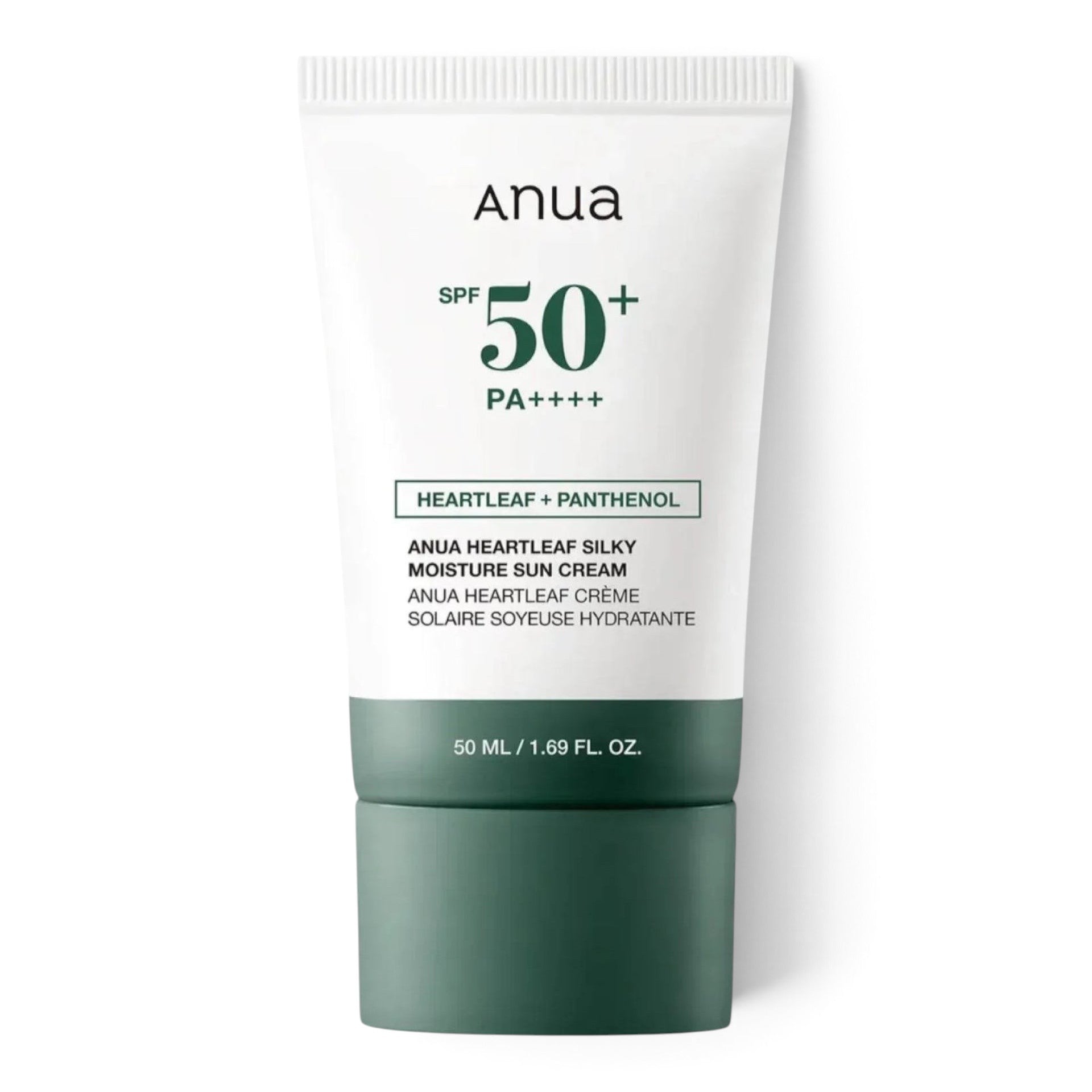 Anua Heartleaf Silky Moisture Sun cream SPF 50+ from bareskin.lt in a white and green 50ml tube for sensitive skin.