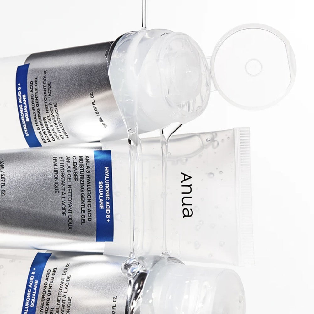 bareskin.lt Anua 8 Hyaluronic Acid Moisturizing Gentle Gel Cleanser gelinis veido prausiklis efektyviai pašalina nešvarumus, riebalų perteklių ir kasdien ant odos susikaupusius nešvarumus