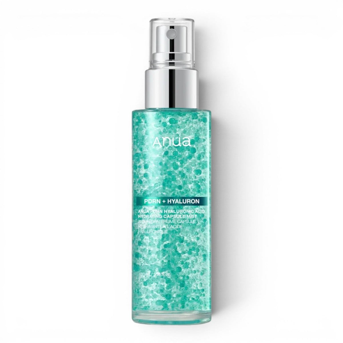bareskin.lt ANUA PDRN Hyaluron Acid Hydrating Capsule Mist in a clear spray bottle with visible blue moisture capsules.