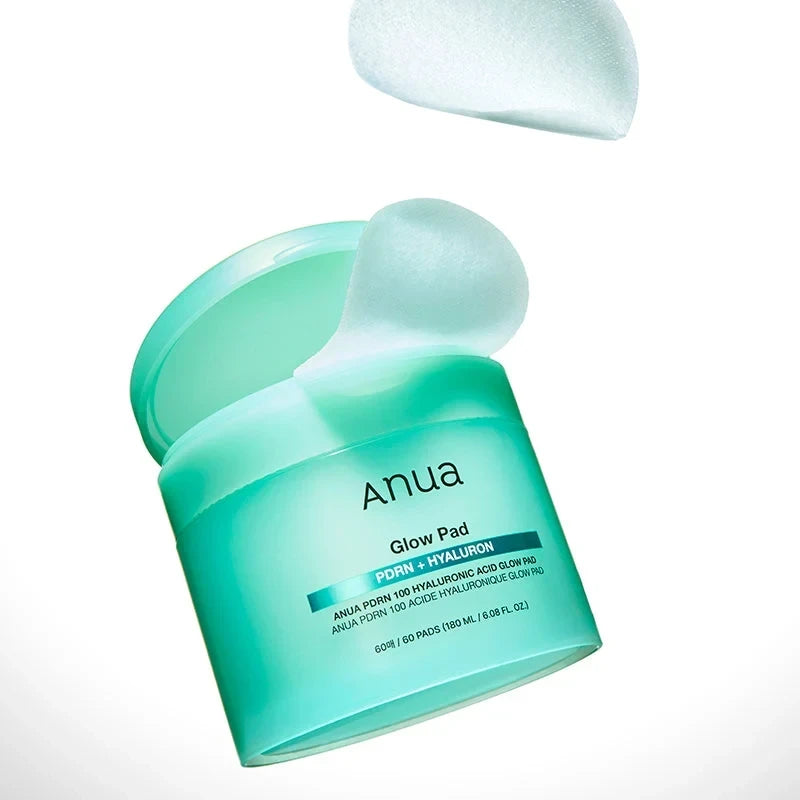 bareskin.lt Anua PDRN Hyaluronic Glow Pad toner pads drėkinantys toniko padeliai su PDRN ir trimis hialurono rūgšties formomis padeda palaikyti odos drėgmės balansą, švytėjimą ir elastingumą