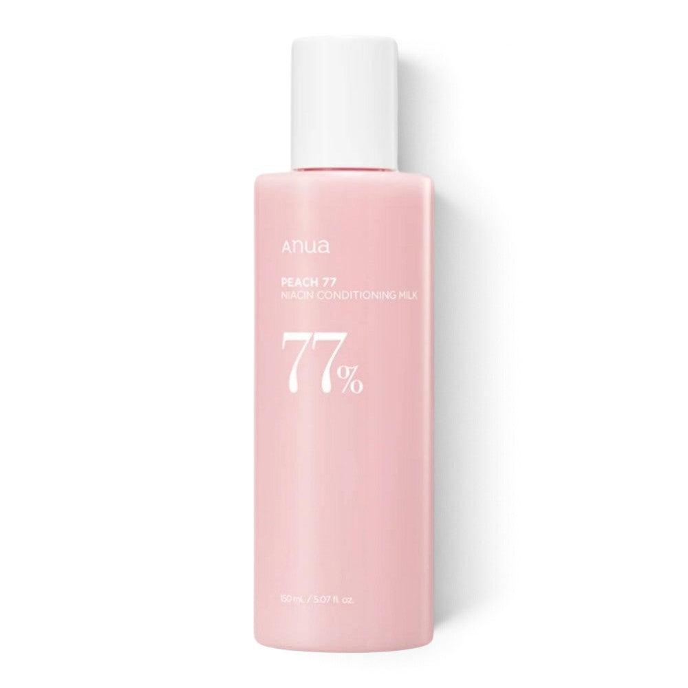 Anua Peach 77 Niacin Conditioning Milk by bareskin.lt in a light pink bottle for brightening and hydrating skin.