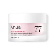 bareskin.lt Anua Peach 77 Niacin Enriched Cream drėkinantis persikų ekstrakto 77% veido kremas, kuris padeda atkurti papilkėjusią odą bei suteikia jai švytėjimo