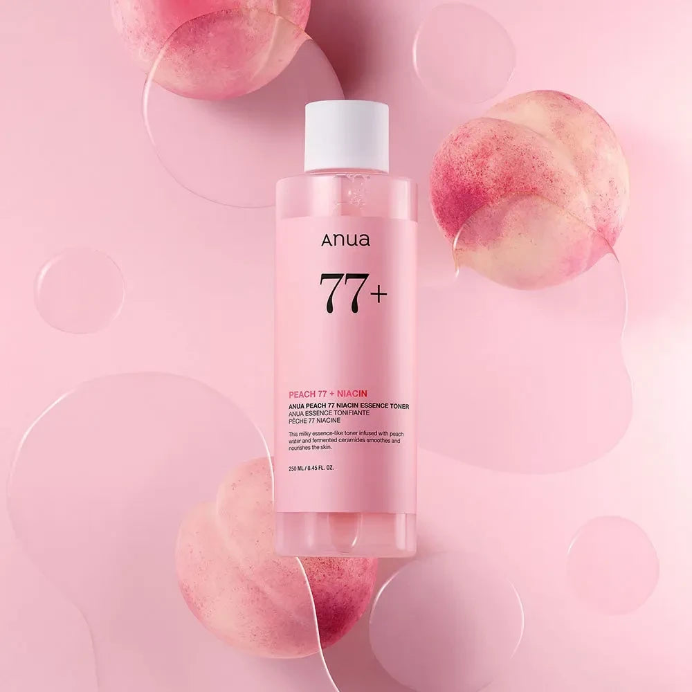 bareskin.lt ANUA Peach 77 Niacin Essence Toner drėkinantis esencinis tonikas su persikų vaisių ekstraktu. Jame yra drėkinančių ingredientų, tokių kaip pantenolis ir keramidai, kurie sustiprina odos apsauginį barjerą