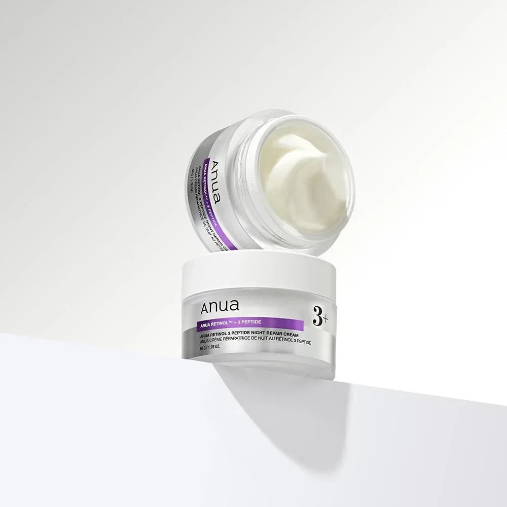bareskin.lt Anua Retinol 3 Peptide Night Repair Cream naktinis veido kremas su retinoliu, peptidais ir bakučioliu skirtas odos priežiūrai vakaro rutinoje