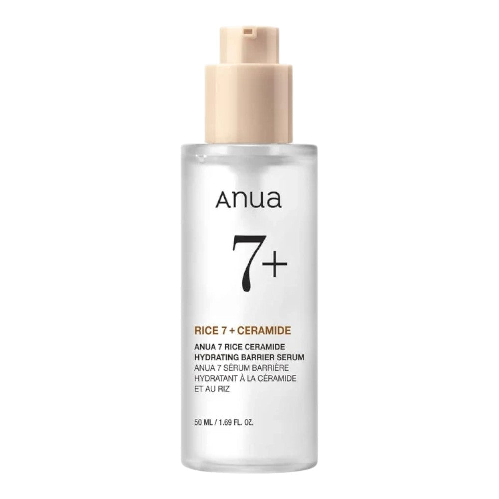 Anua 7 Rice Ceramide Hydrating Barrier Serum bottle from bareskin.lt, a 50ml skincare product for skin barrier repair.
