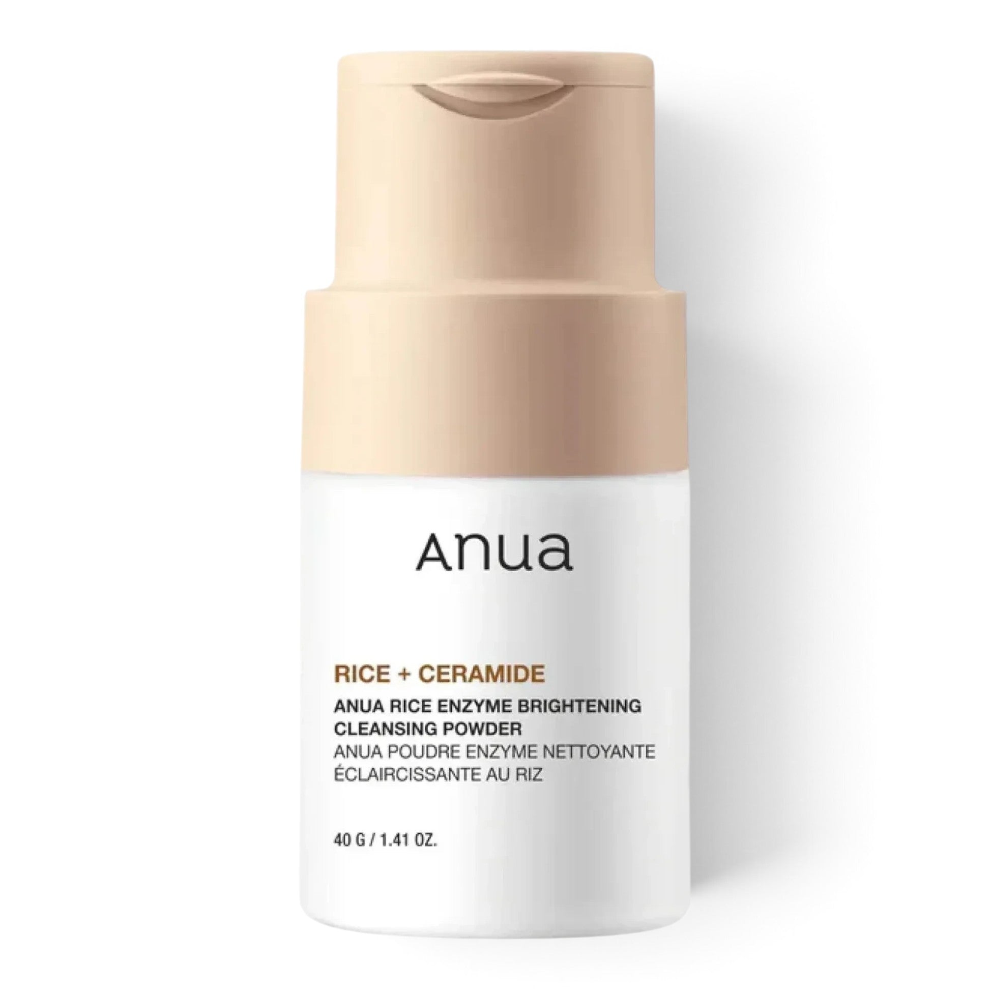 Anua Rice Enzyme Brightening Cleansing Powder by bareskin.lt in a white bottle with a beige cap.